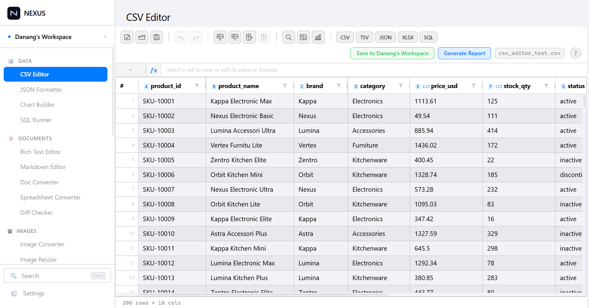 VadeKit CSV Editor: a product table in an AG Grid spreadsheet with a formula bar and Save to Workspace and Generate Report buttons.