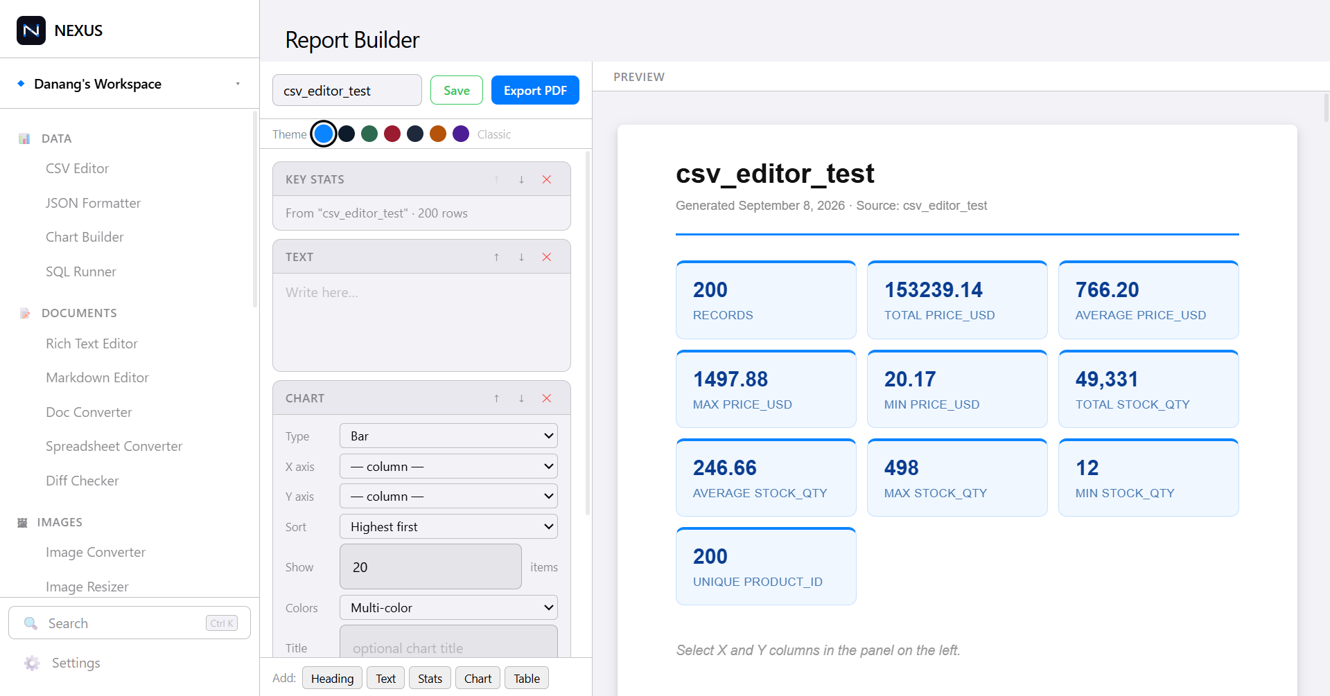 VadeKit Report Builder: a section composer on the left with theme swatches, and a live themed preview on the right showing a grid of stat cards.