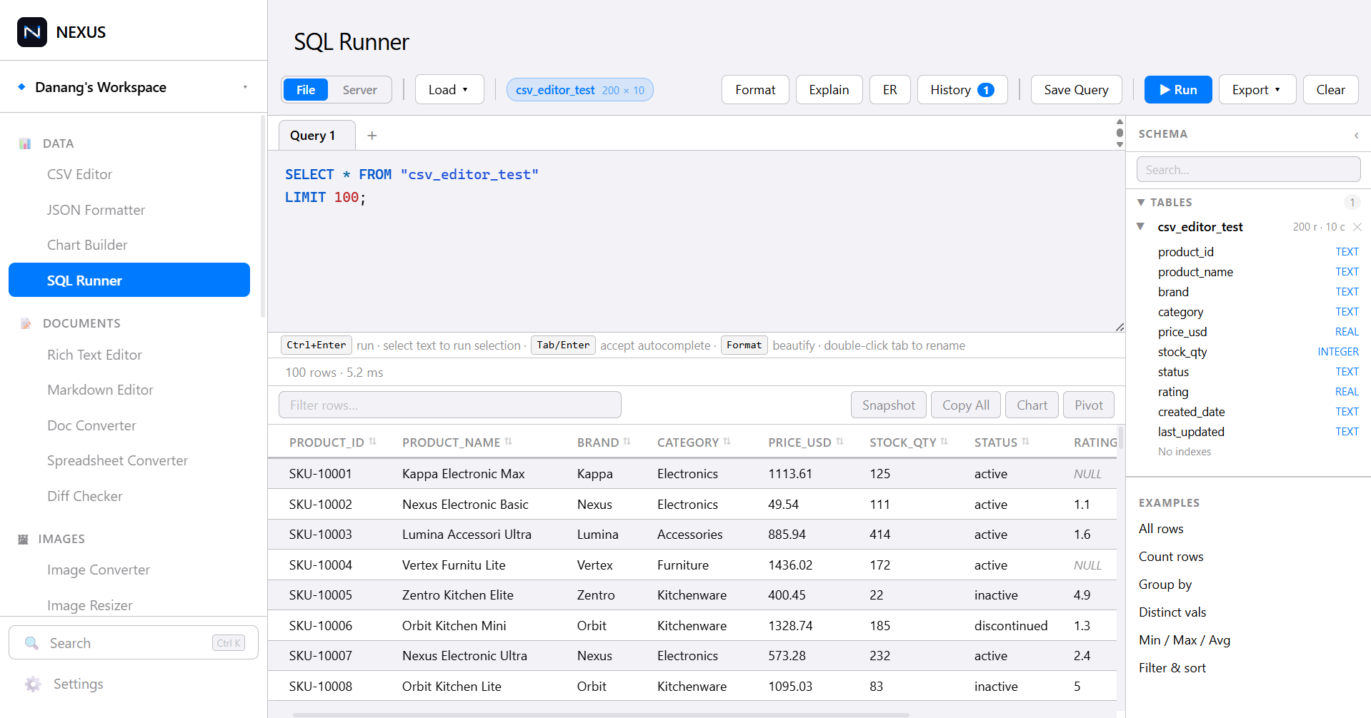 VadeKit SQL Runner: a SELECT query in a syntax-highlighted editor, a results grid, and a schema panel listing table columns and types.