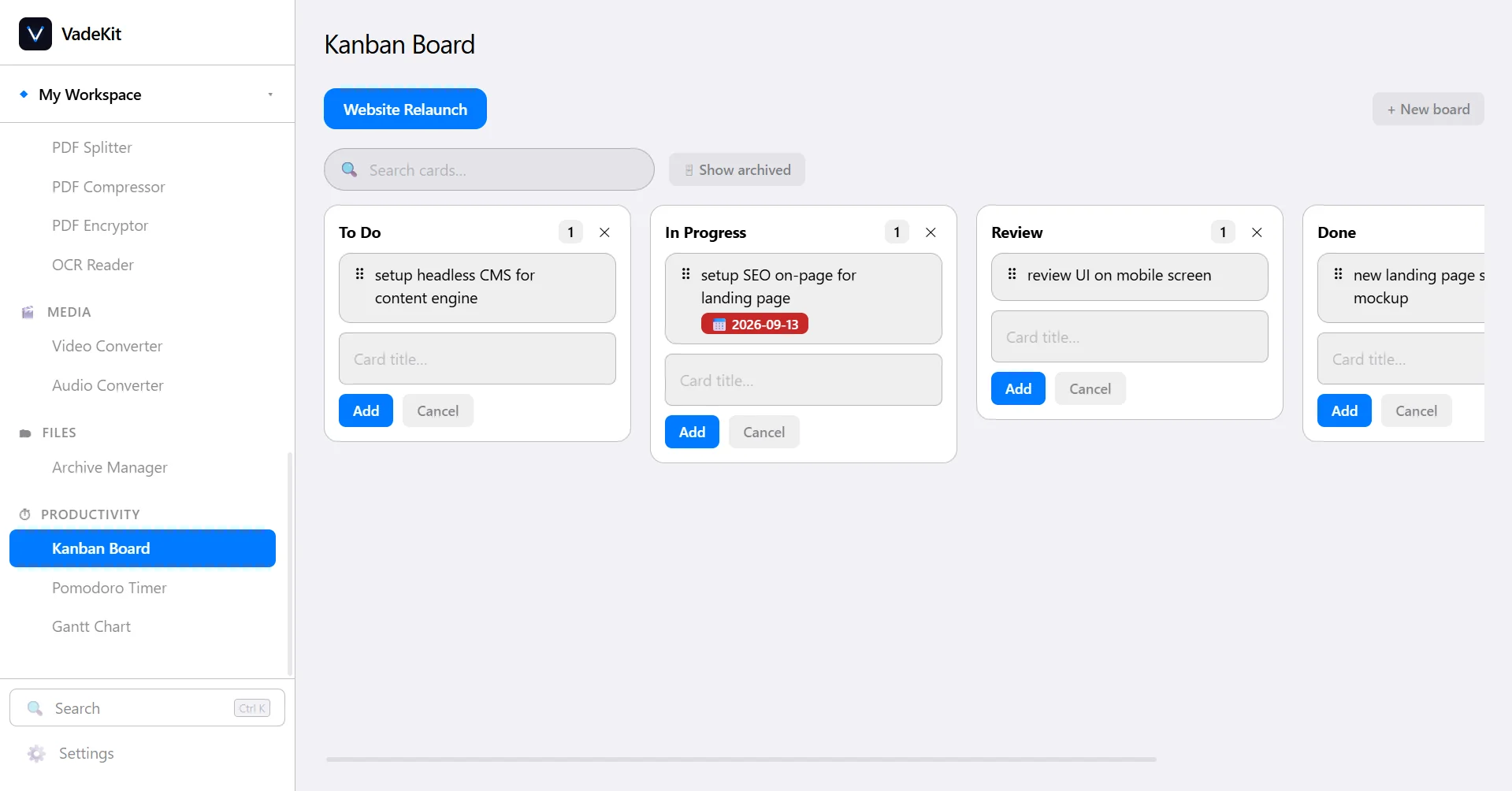 VadeKit Kanban Board screenshot
